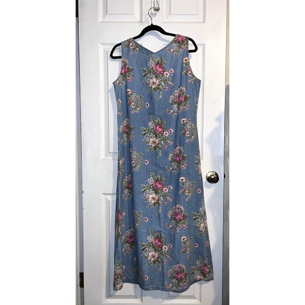 LIZ CLAIBORNE Y2K Jean Jumper Light Blue Pink Roses Cottagecore Dress Sz 10 - Picture 9 of 15